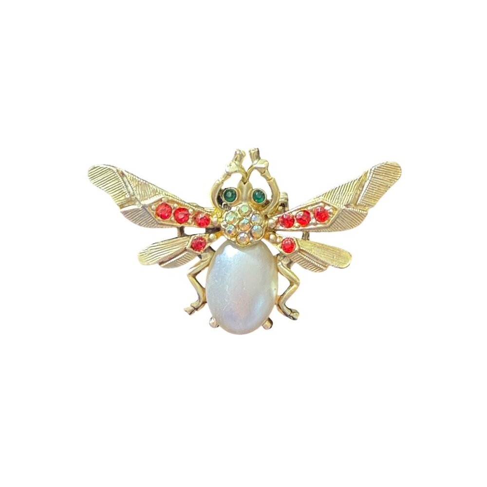 Vintage Gold-Tone Bee Brooch With Faux Pearl & Red Crystal Accents